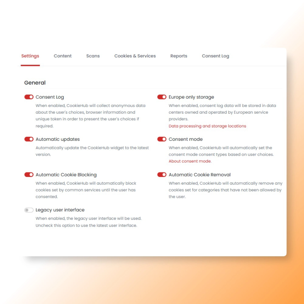 CookieHub settings
