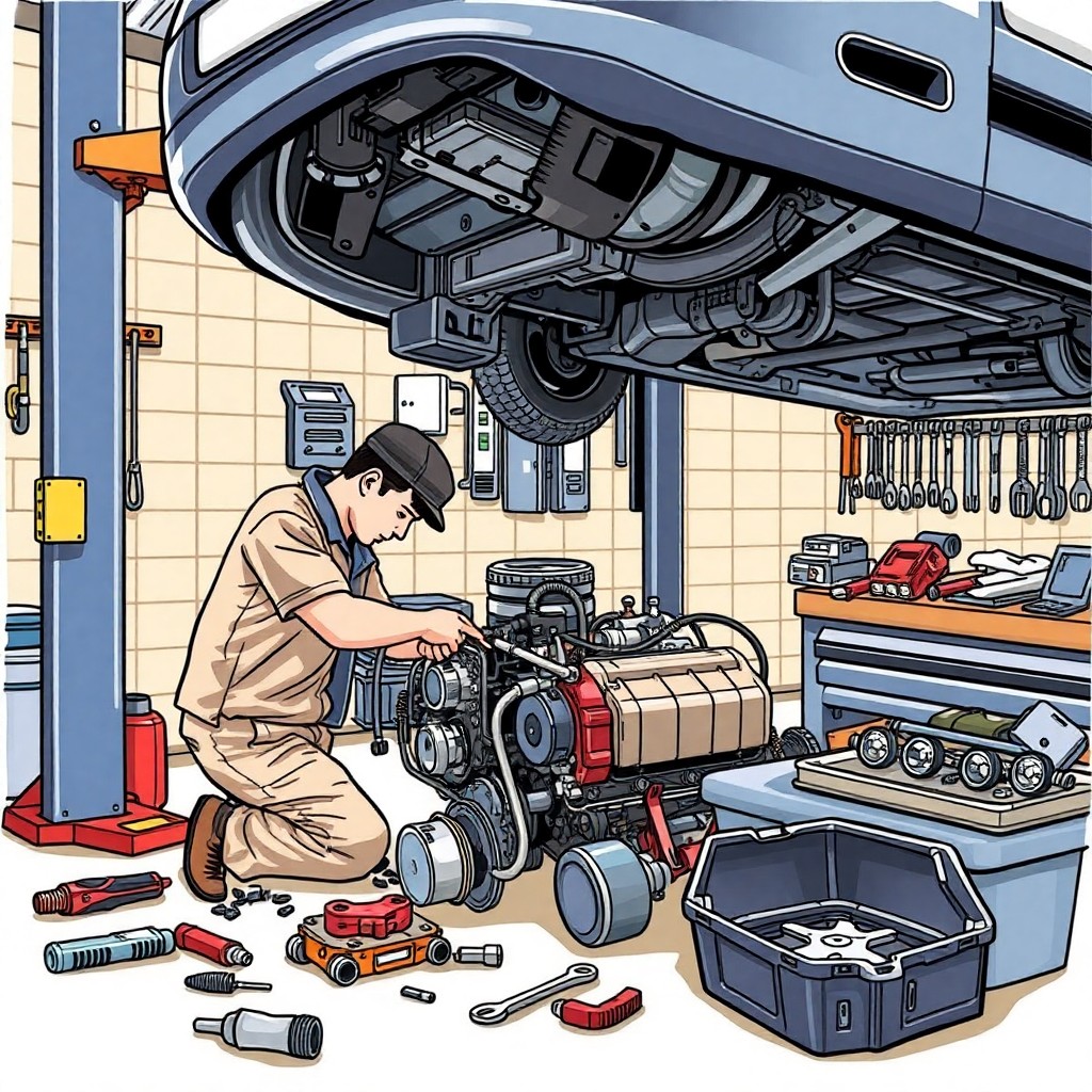 illustration of man repairing car engine