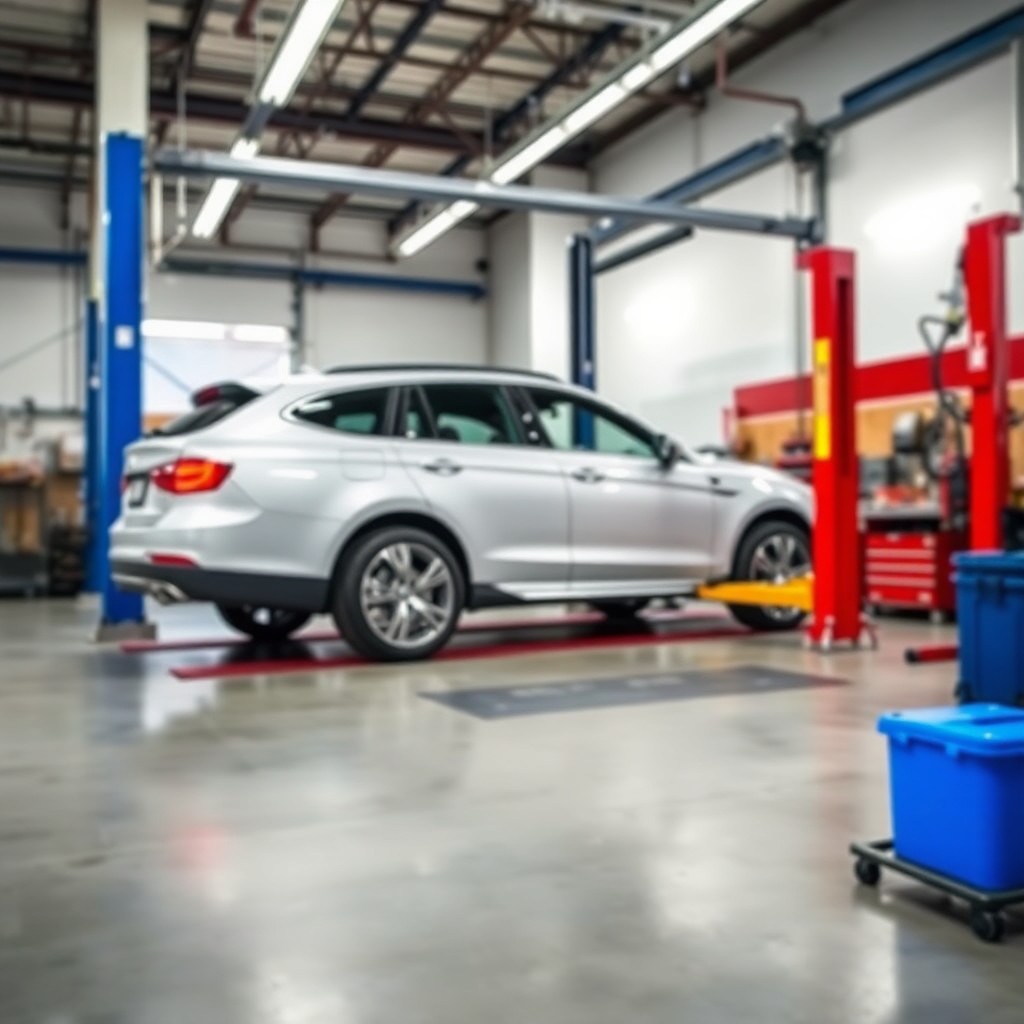 A silver car sits on a vehicle lift in an auto repair garage in Saskatoon, surrounded by tools and equipment as a skilled mechanic prepares to get to work.