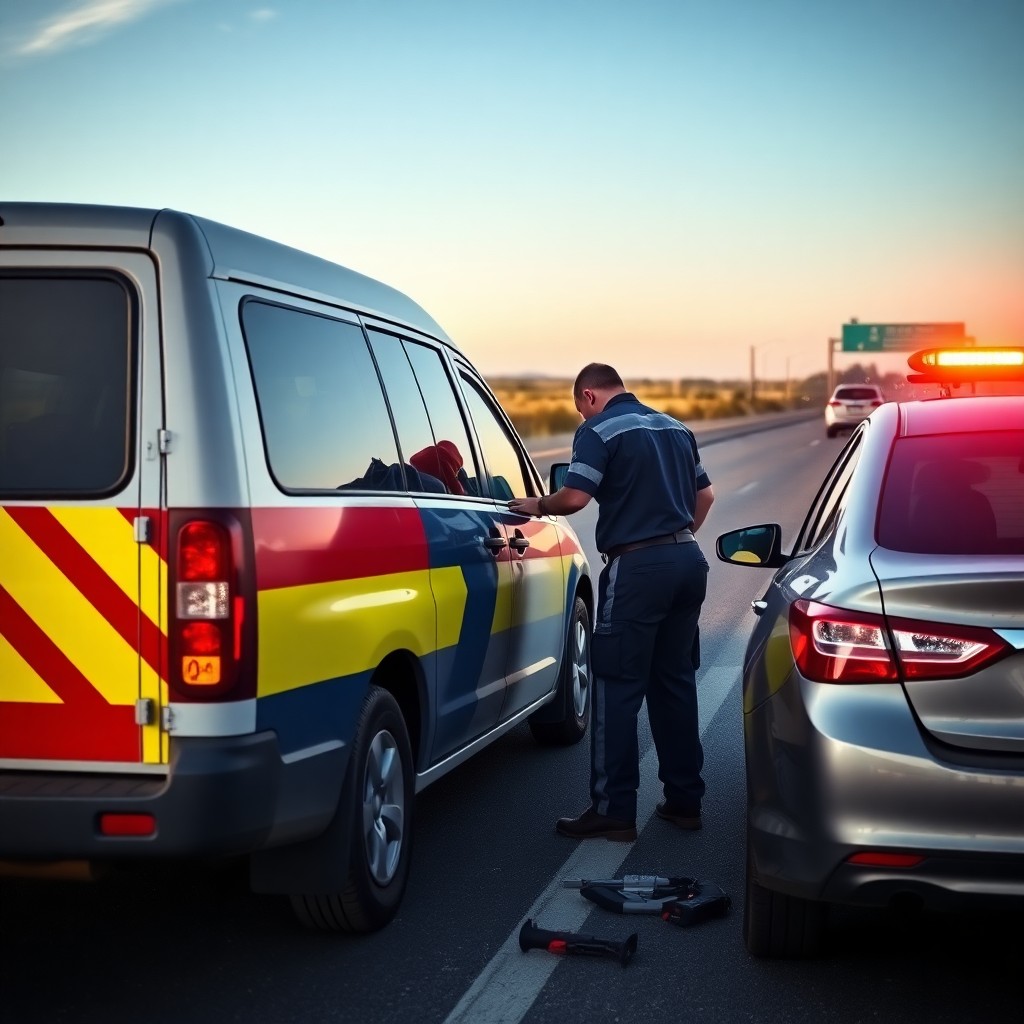 A police officer stands next to a stopped minivan on the side of a highway, with a police car parked behind. Perhaps they were discussing the nearest mechanic in Saskatoon during this bright daytime encounter.