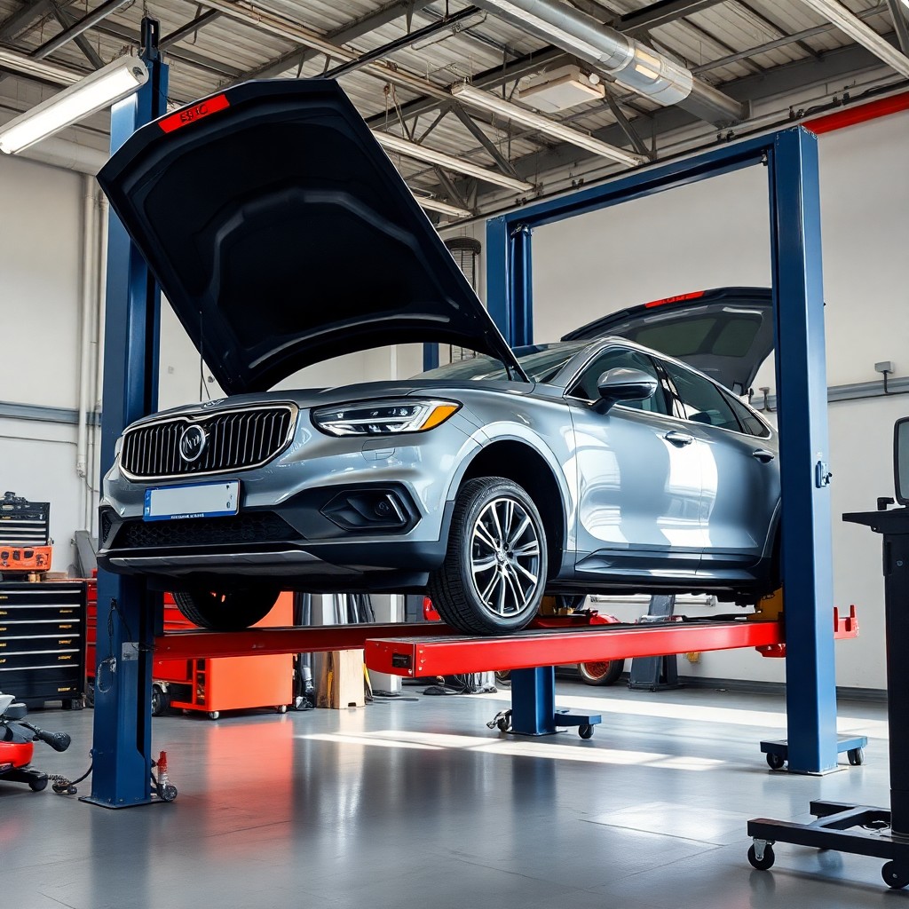 A silver car with its hood open is elevated on a hydraulic lift in a modern Saskatoon auto repair workshop, where a seasoned mechanic inspects the engine.