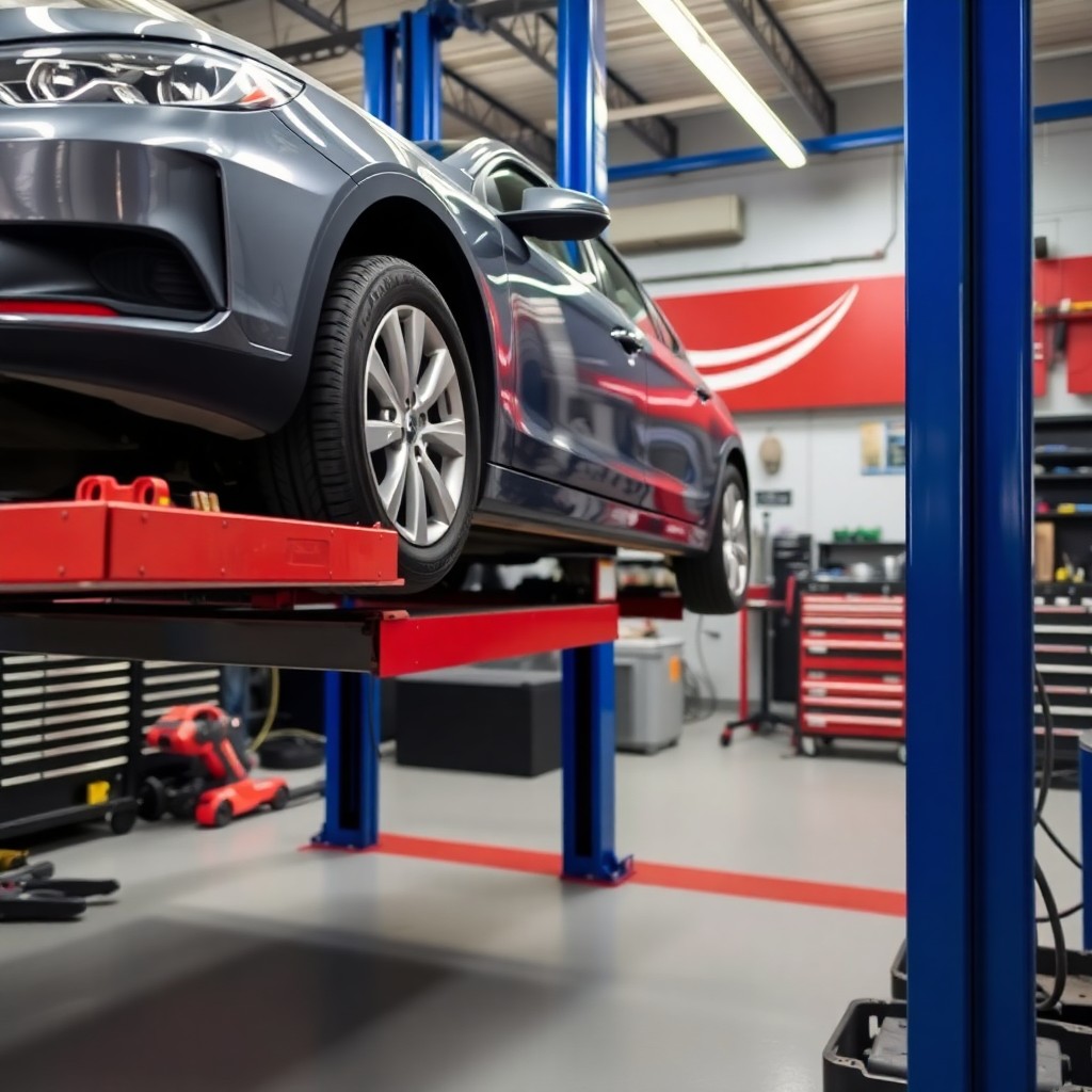 In a well-lit auto repair shop in Saskatoon, a car is lifted on a hydraulic platform, surrounded by various tools and equipment as the mechanic gets to work.