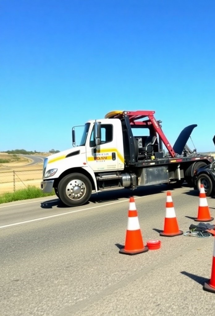 A tow truck with its hood open, reminiscent of a bustling mechanic shop in Saskatoon, is parked on the road under a clear blue sky, with orange cones arranged neatly in front.