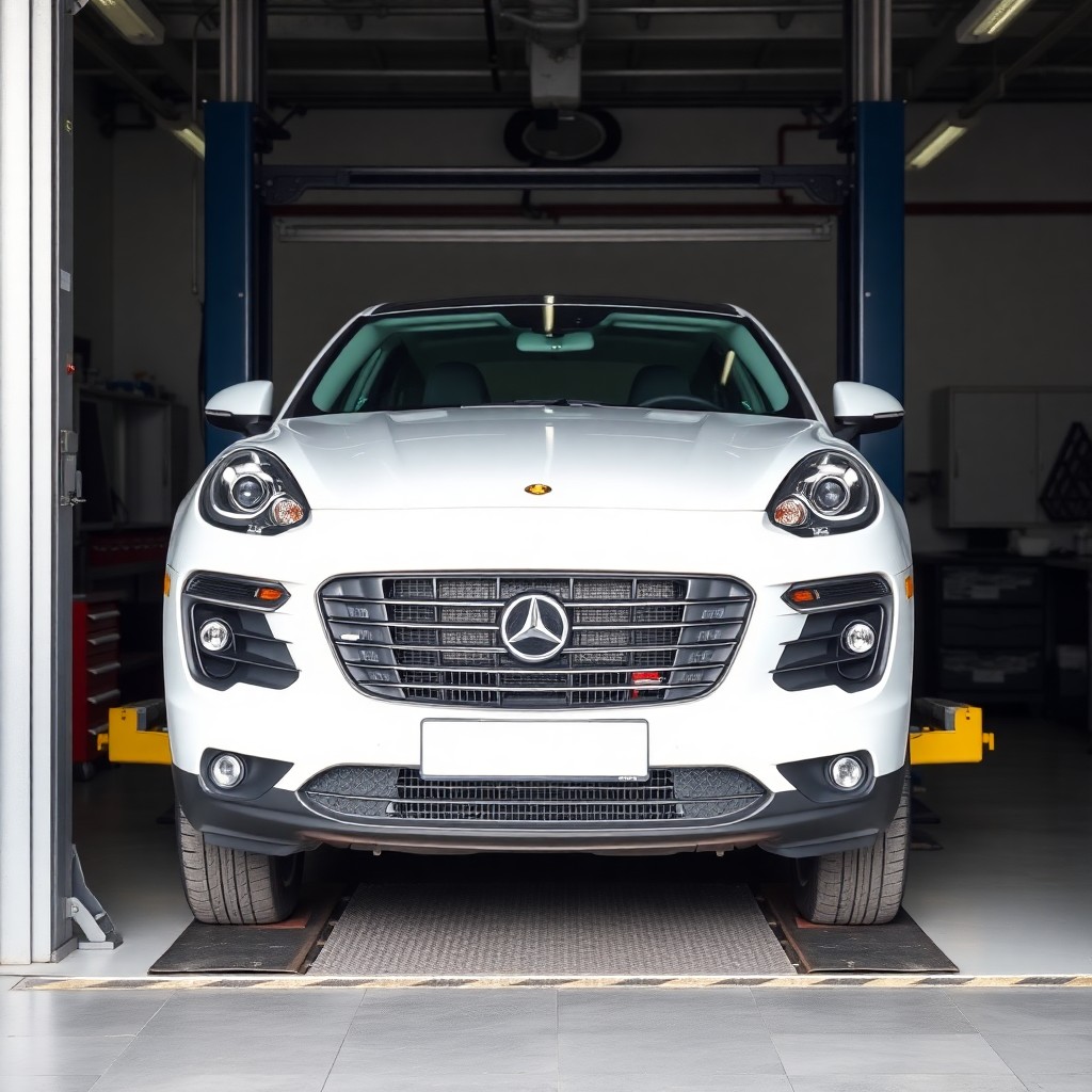 A white SUV with a Mercedes-Benz badge sits elegantly on a vehicle lift, expertly tended to by a skilled mechanic in Saskatoon.