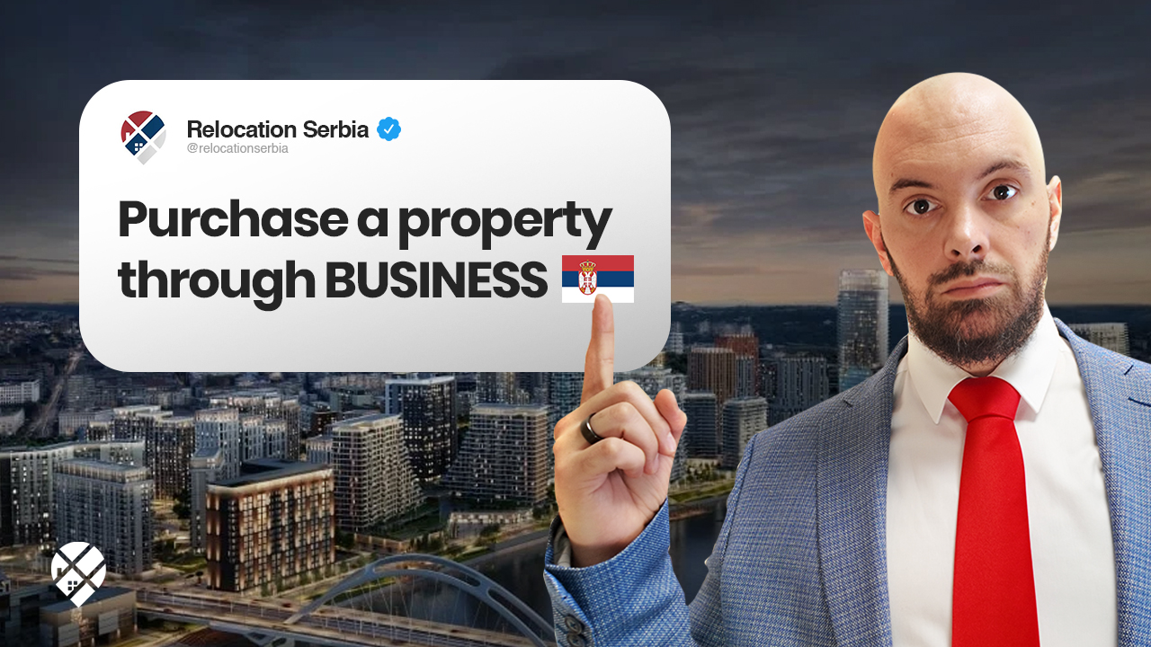 Man in a blue suit and red tie pointing at a message bubble that says “Purchase a property through BUSINESS” with the Serbian flag, promoting foreign property investment in Serbia via company ownership. Belgrade skyline in the background.