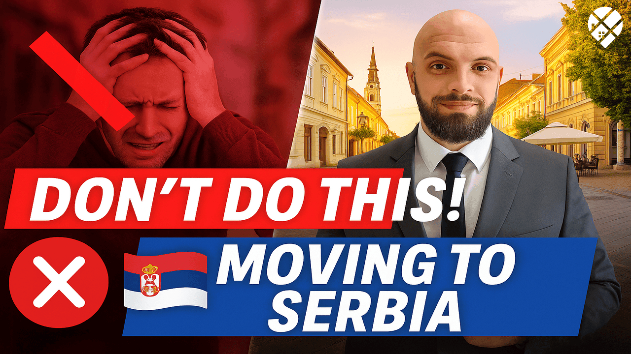 Man questioning Canada's future next to Prime Minister Mark Carney with text overlay "Is Canada Cooked?" – political dissatisfaction among Canadians considering moving to Serbia