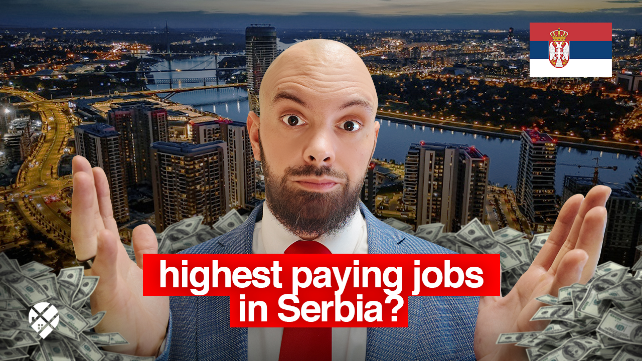 Man in suit gesturing with hands surrounded by money, with Belgrade skyline in the background and Serbian flag in top corner, representing the topic “Highest Paying Jobs in Serbia”