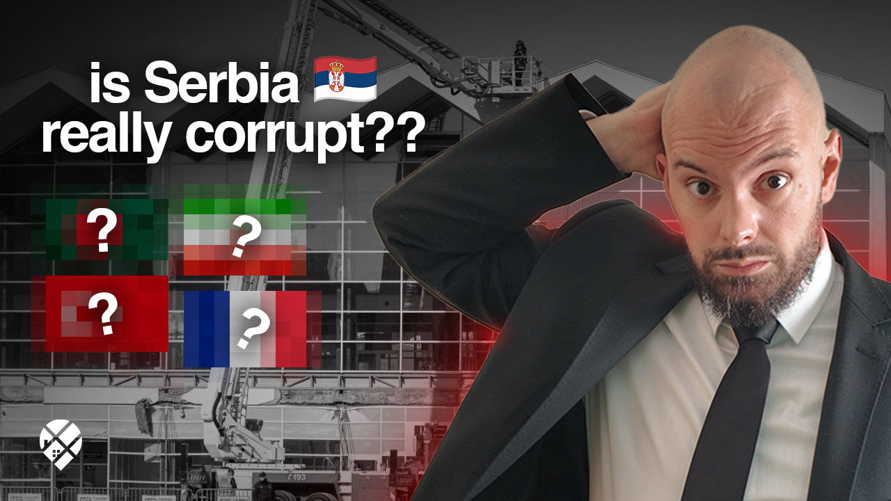 Man questioning Canada's future next to Prime Minister Mark Carney with text overlay "Is Canada Cooked?" – political dissatisfaction among Canadians considering moving to Serbia