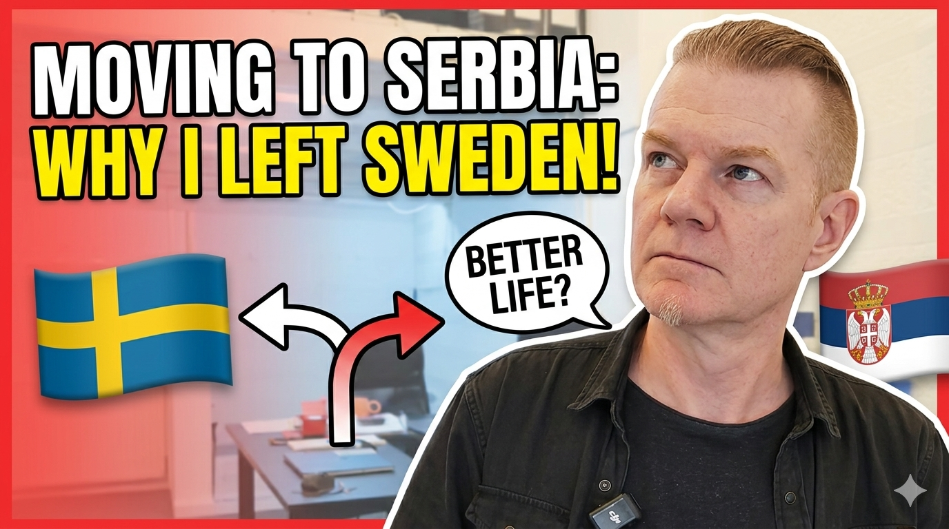 Man questioning Canada's future next to Prime Minister Mark Carney with text overlay "Is Canada Cooked?" – political dissatisfaction among Canadians considering moving to Serbia