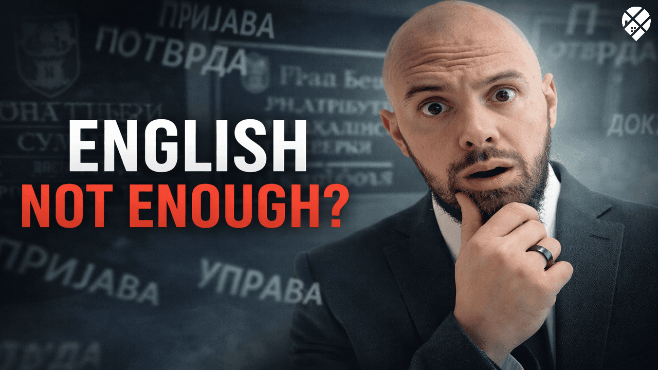 Man questioning Canada's future next to Prime Minister Mark Carney with text overlay "Is Canada Cooked?" – political dissatisfaction among Canadians considering moving to Serbia