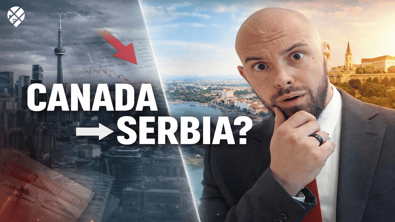 Man questioning Canada's future next to Prime Minister Mark Carney with text overlay "Is Canada Cooked?" – political dissatisfaction among Canadians considering moving to Serbia