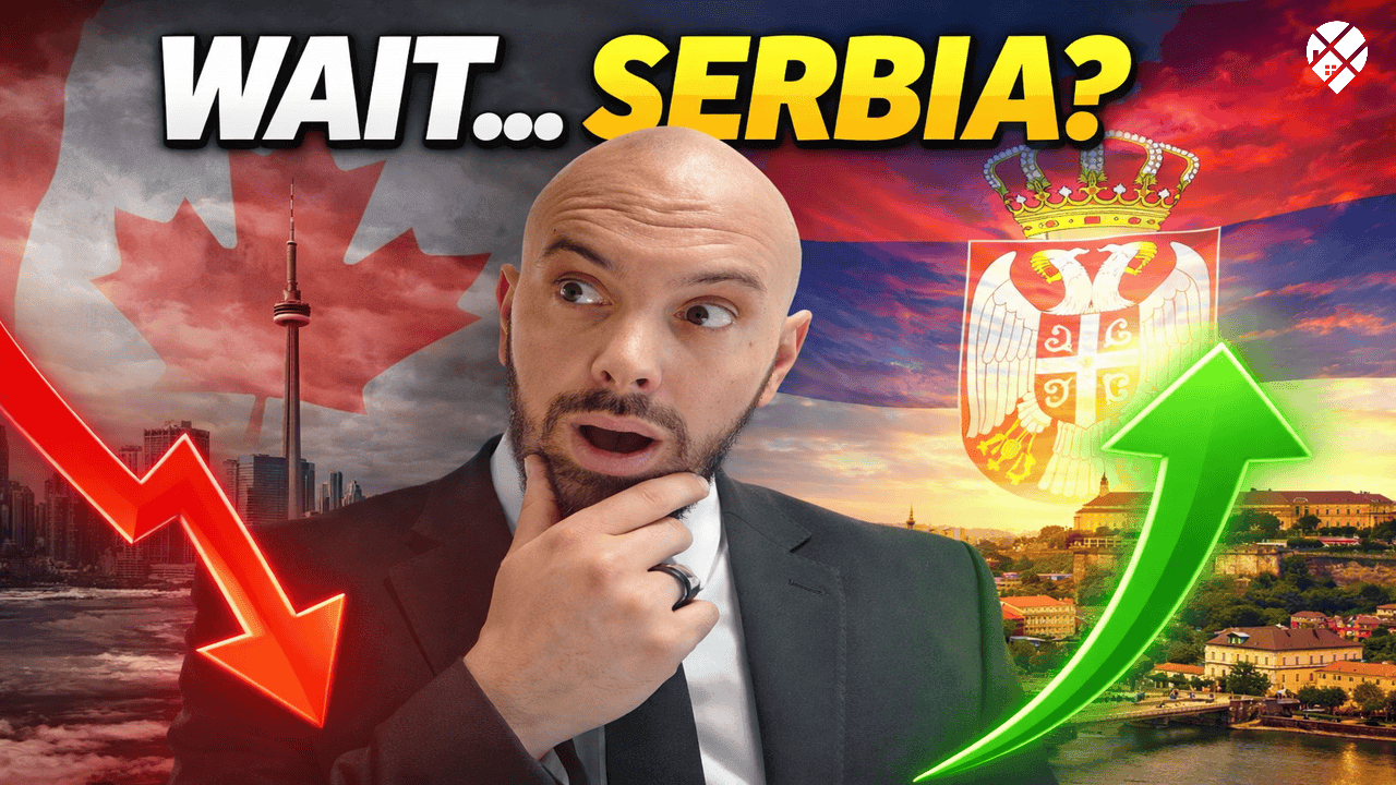 Man questioning Canada's future next to Prime Minister Mark Carney with text overlay "Is Canada Cooked?" – political dissatisfaction among Canadians considering moving to Serbia