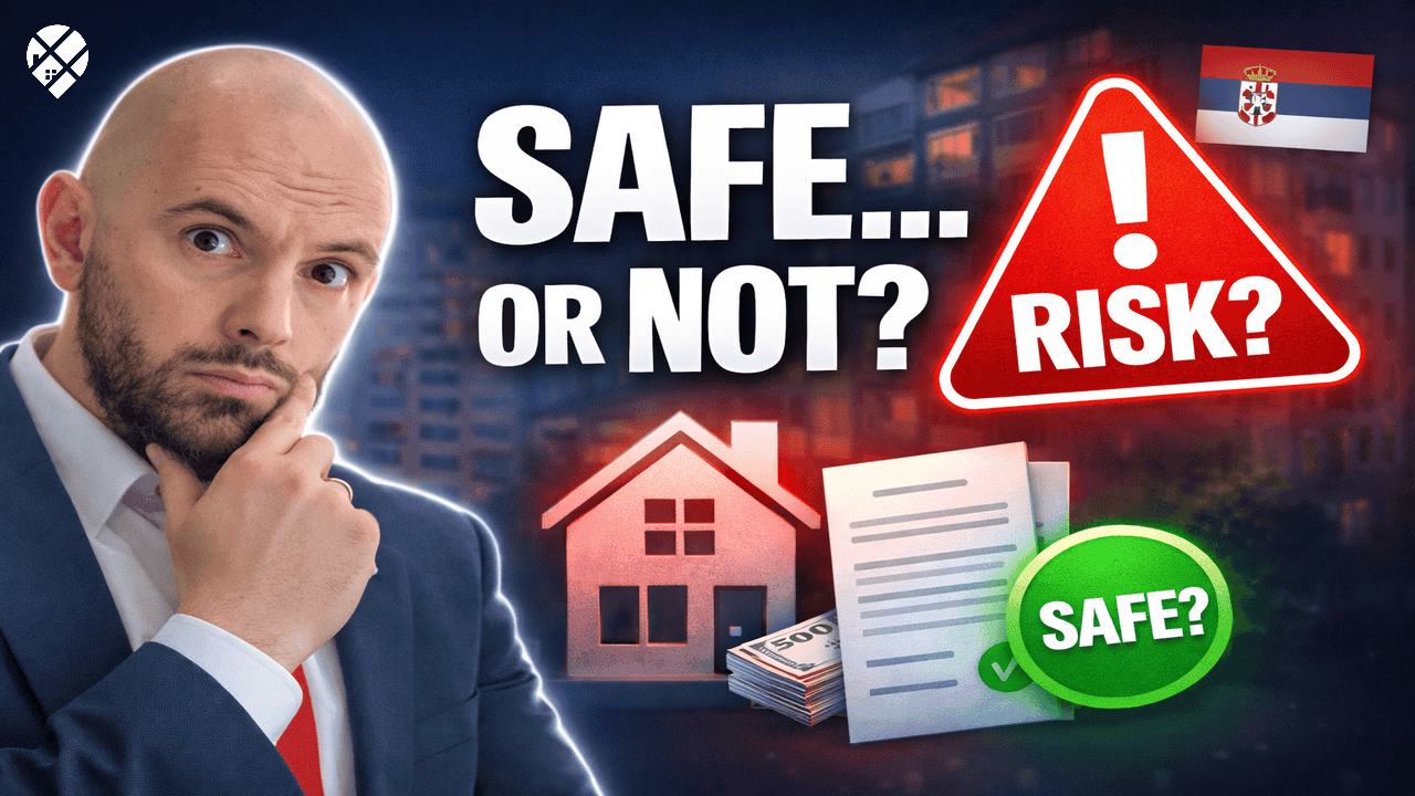 Man questioning Canada's future next to Prime Minister Mark Carney with text overlay "Is Canada Cooked?" – political dissatisfaction among Canadians considering moving to Serbia