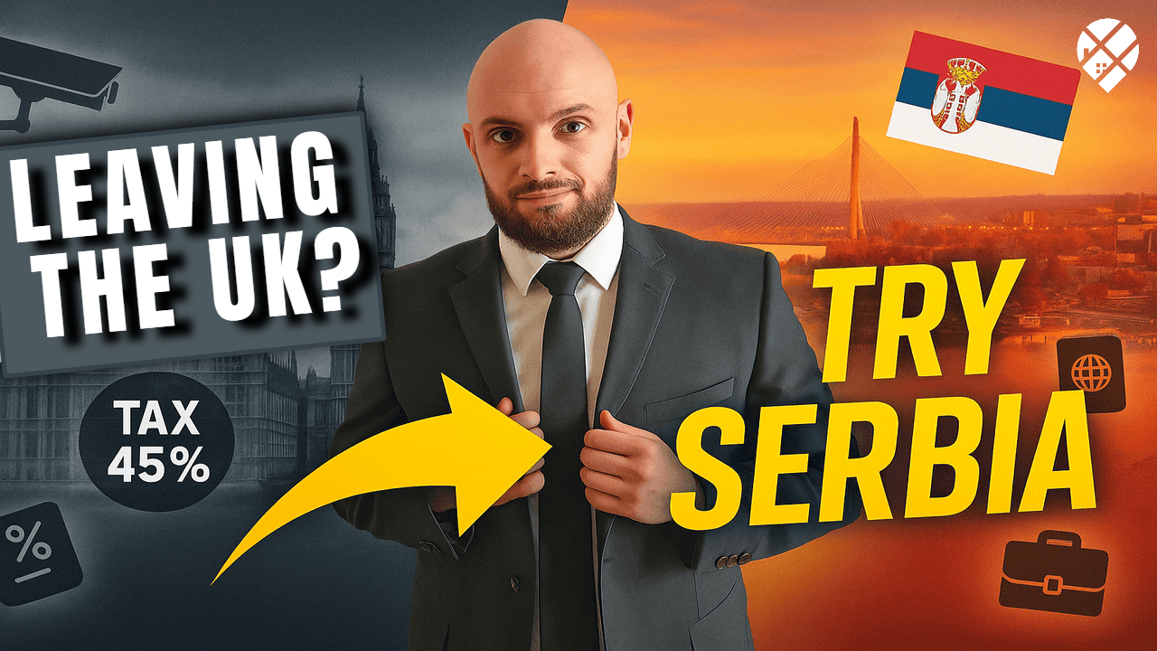 Man questioning Canada's future next to Prime Minister Mark Carney with text overlay "Is Canada Cooked?" – political dissatisfaction among Canadians considering moving to Serbia