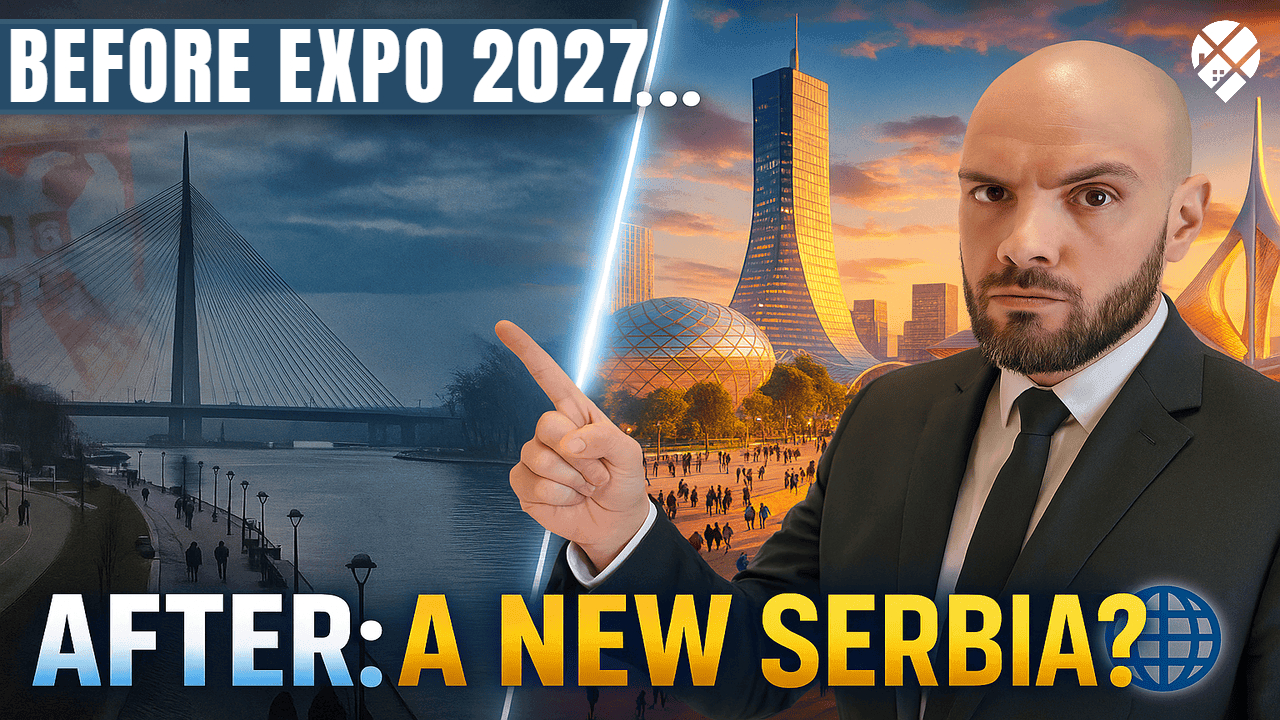 Man questioning Canada's future next to Prime Minister Mark Carney with text overlay "Is Canada Cooked?" – political dissatisfaction among Canadians considering moving to Serbia