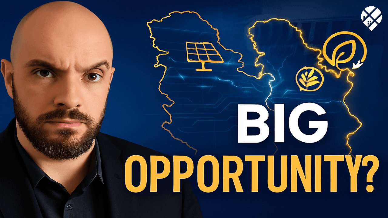 Man questioning Canada's future next to Prime Minister Mark Carney with text overlay "Is Canada Cooked?" – political dissatisfaction among Canadians considering moving to Serbia