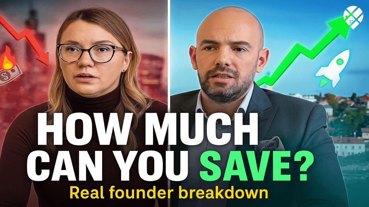 Man questioning Canada's future next to Prime Minister Mark Carney with text overlay "Is Canada Cooked?" – political dissatisfaction among Canadians considering moving to Serbia