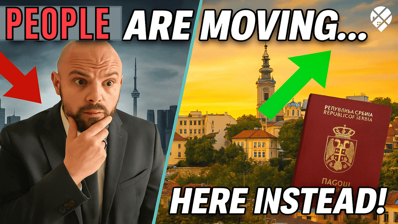 Man questioning Canada's future next to Prime Minister Mark Carney with text overlay "Is Canada Cooked?" – political dissatisfaction among Canadians considering moving to Serbia