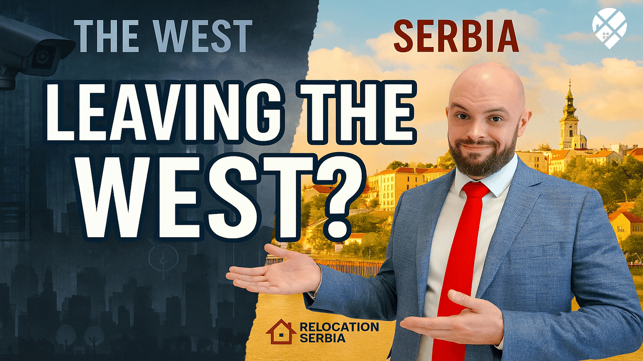 Man questioning Canada's future next to Prime Minister Mark Carney with text overlay "Is Canada Cooked?" – political dissatisfaction among Canadians considering moving to Serbia