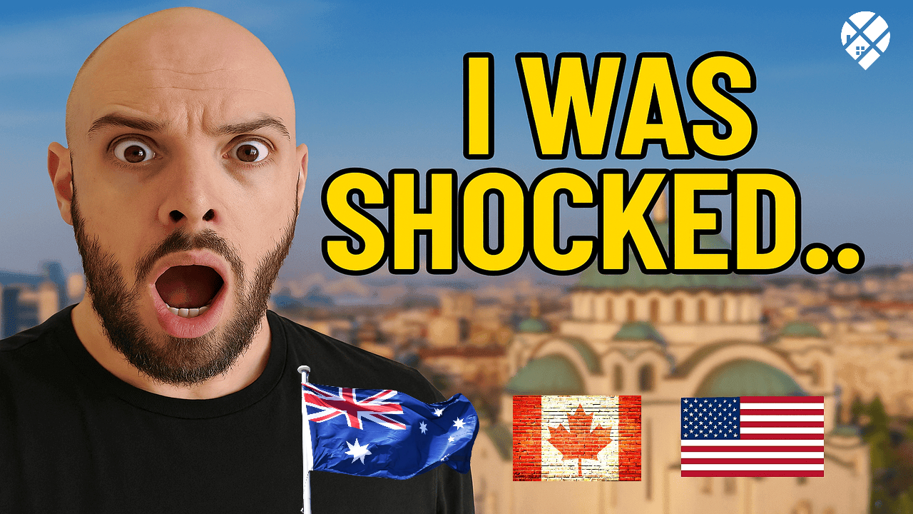 Man questioning Canada's future next to Prime Minister Mark Carney with text overlay "Is Canada Cooked?" – political dissatisfaction among Canadians considering moving to Serbia