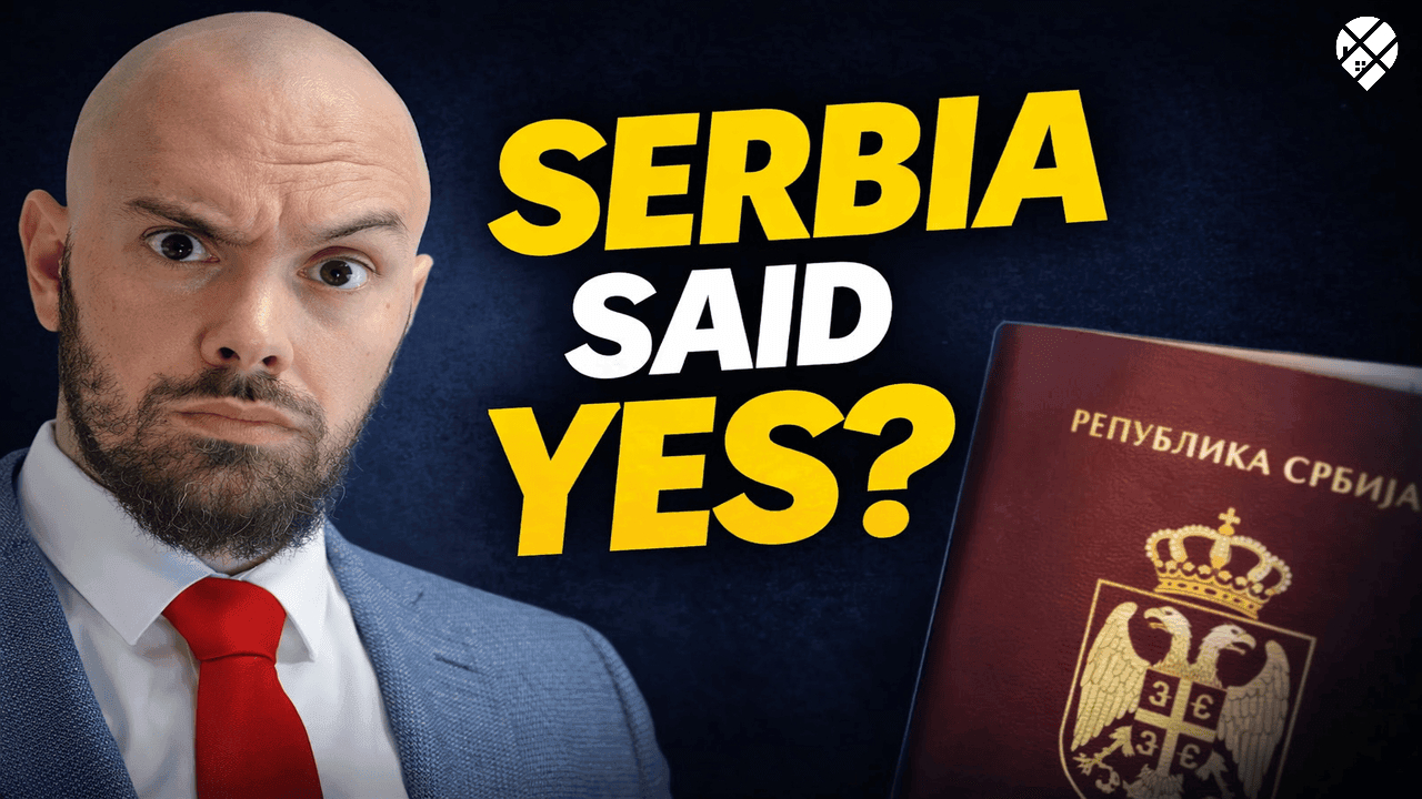 Man questioning Canada's future next to Prime Minister Mark Carney with text overlay "Is Canada Cooked?" – political dissatisfaction among Canadians considering moving to Serbia