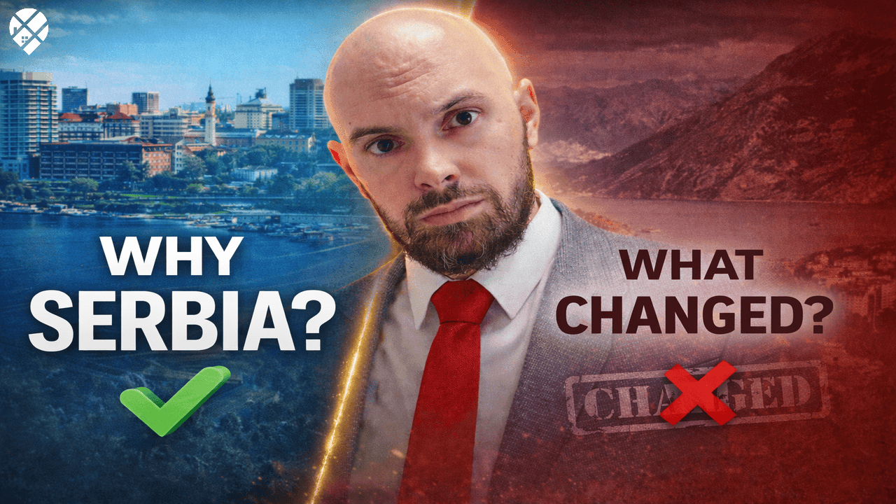 Man questioning Canada's future next to Prime Minister Mark Carney with text overlay "Is Canada Cooked?" – political dissatisfaction among Canadians considering moving to Serbia