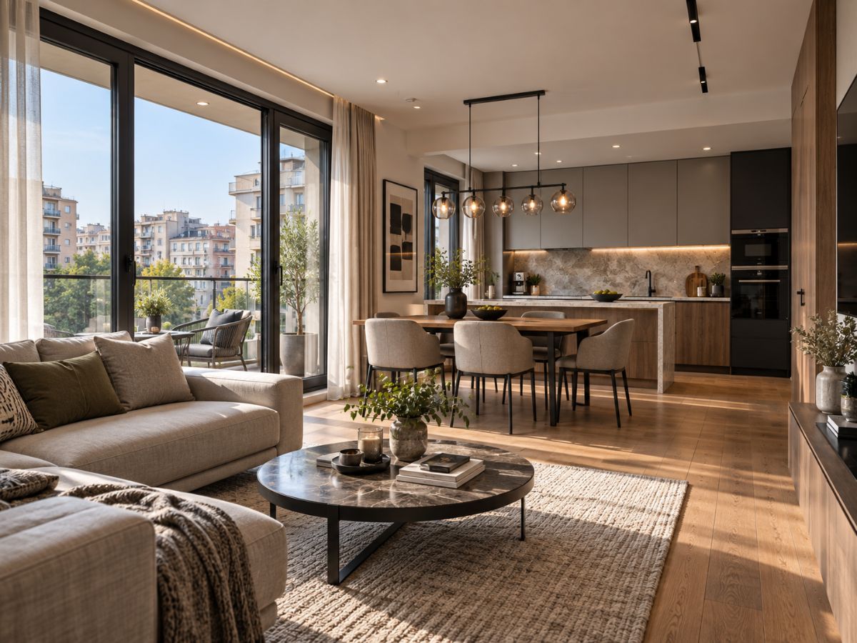 Design visualisation: open-plan apartment living room and kitchen with oak floor and marble coffee table