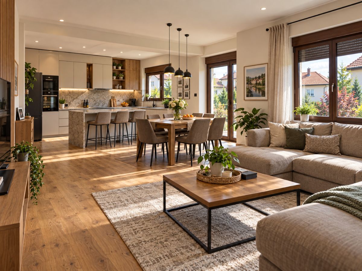 Design visualisation: house open-plan living room, dining area and kitchen with wood floor