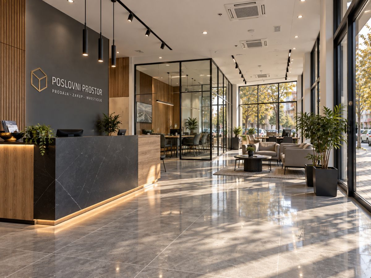 Design visualisation: office reception with stone desk, lounge area and glass meeting room