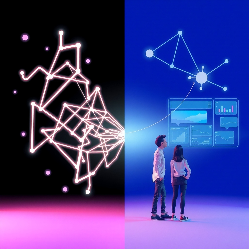 Abstract image representing automated workflows, showing a connection between complex inputs and a clear data dashboard.