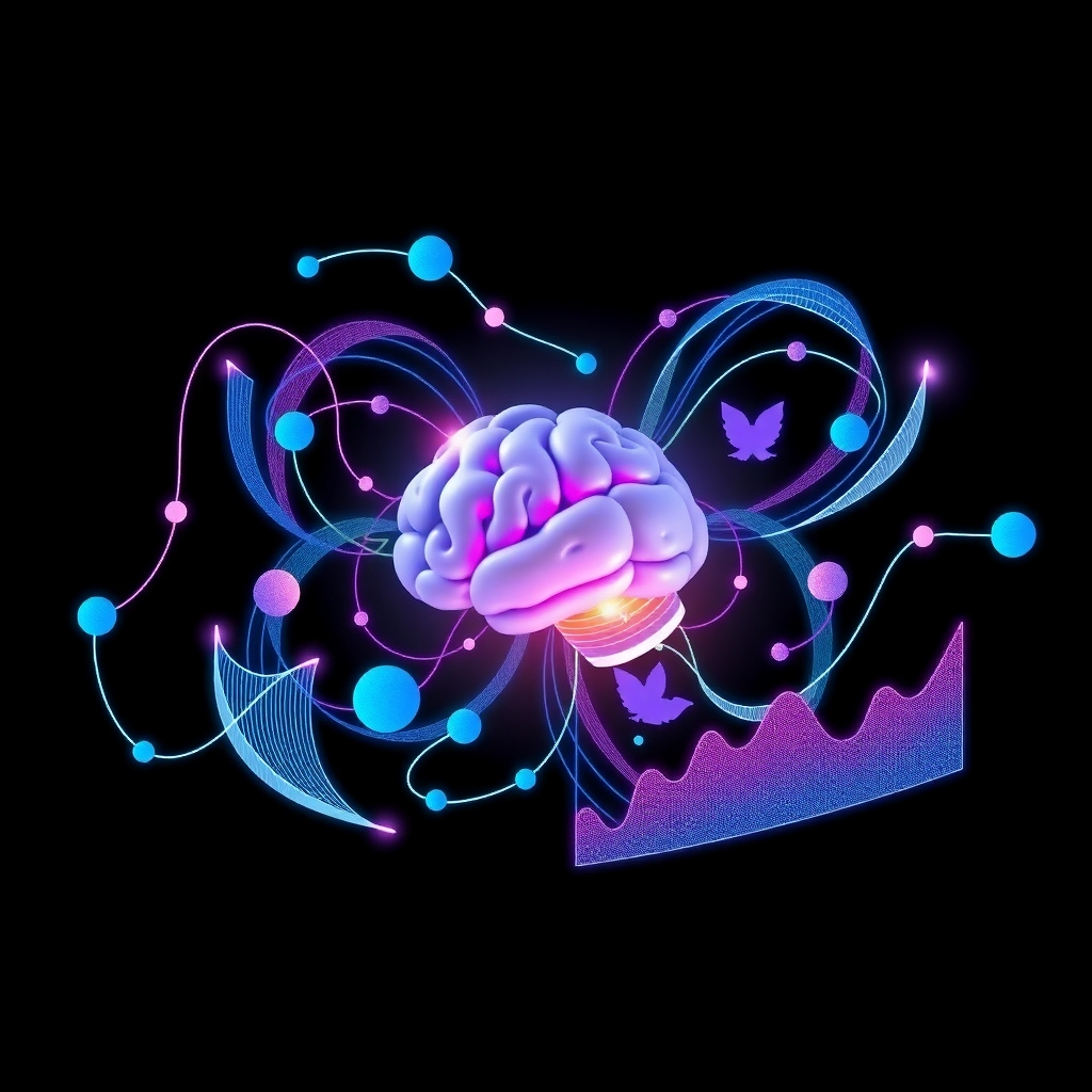 Image of a stylized brain surrounded by neon data charts and lines, representing AI analytics.