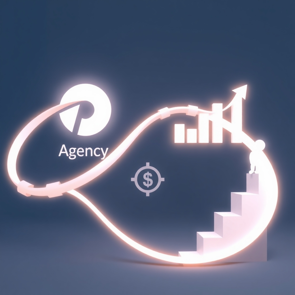 `Symbolic image of new revenue streams, depicting a path from agency branding to hitting revenue targets and achieving upward business growth.