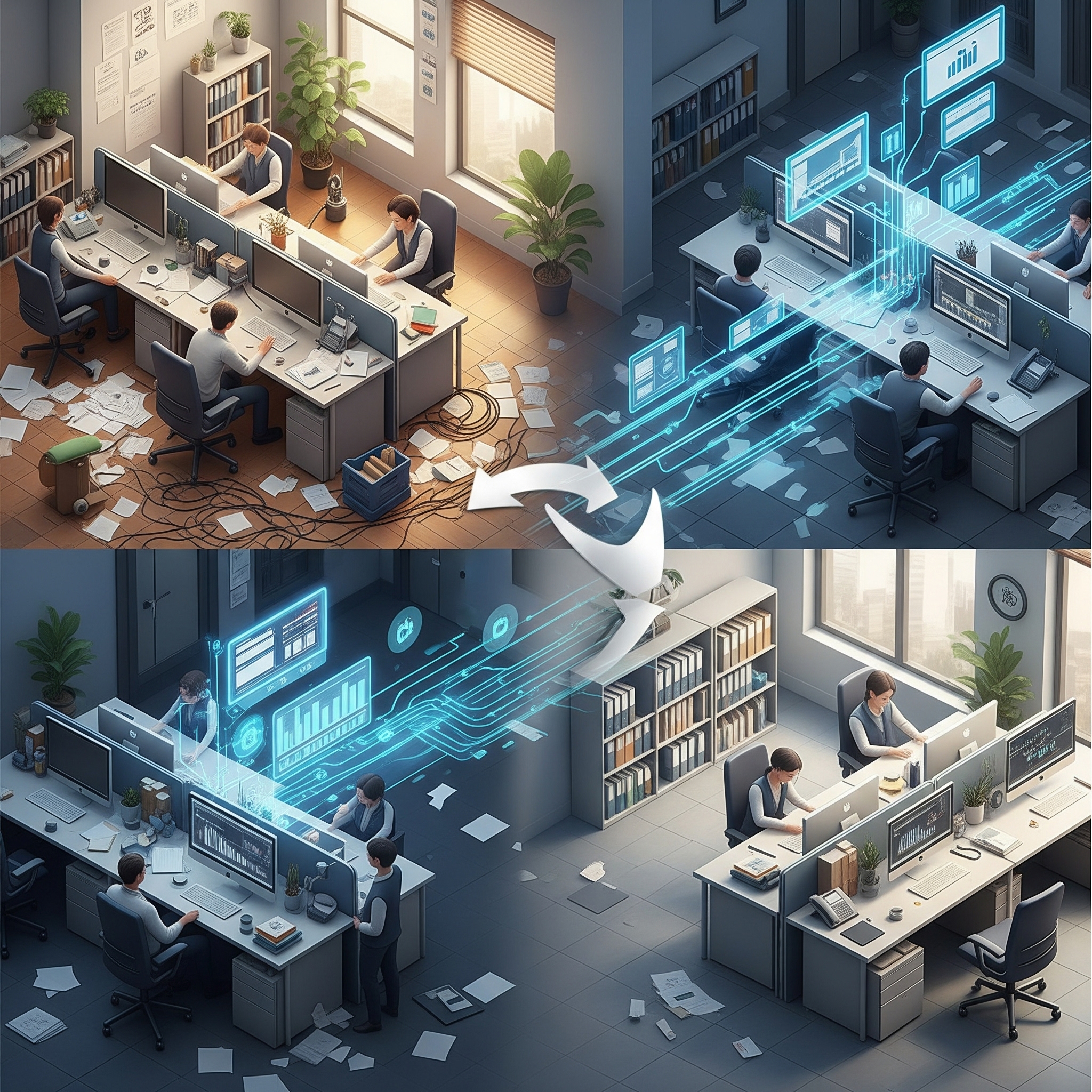 A four-panel illustration showing the digital transformation of a modern office environment. 
