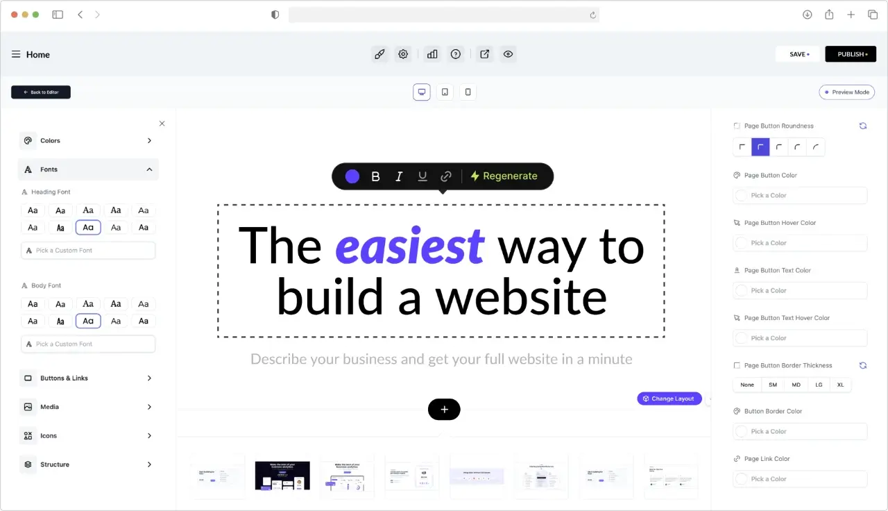 Zenogram AI website editor interface showing headline 'The easiest way to build a website' with design customization tools