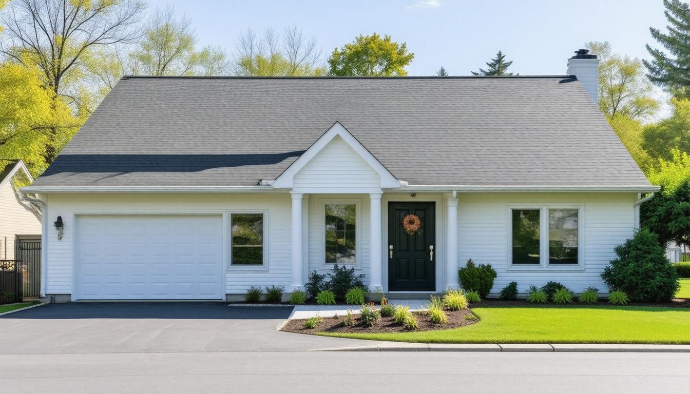 A residential home featuring a garage and a paved driveway, surrounded by greenery.