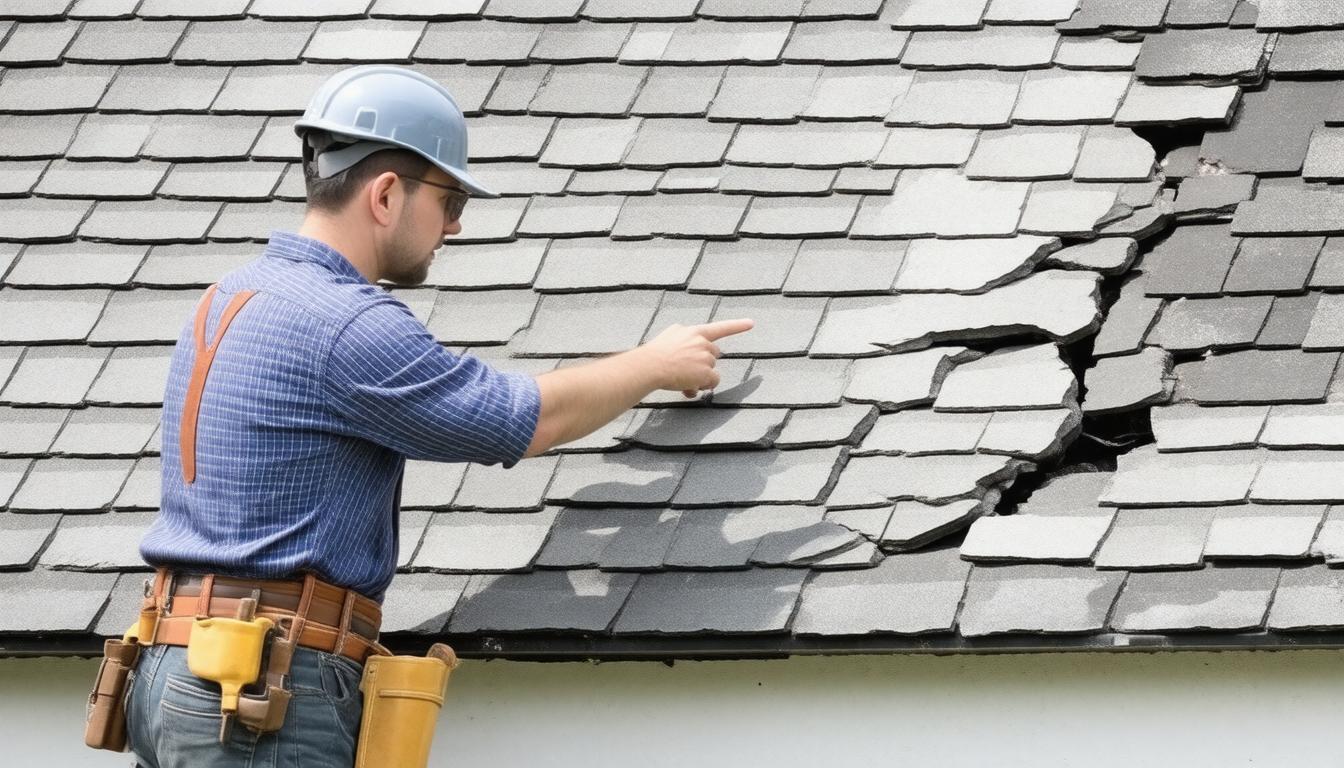 A man is pointing towards the roof of a house, indicating something of interest above.