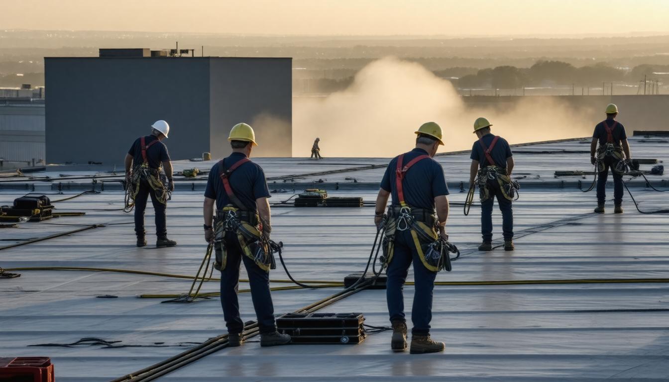 A group of construction workers wearing hard hats and safety gear, collaborating on a roof at a construction site.