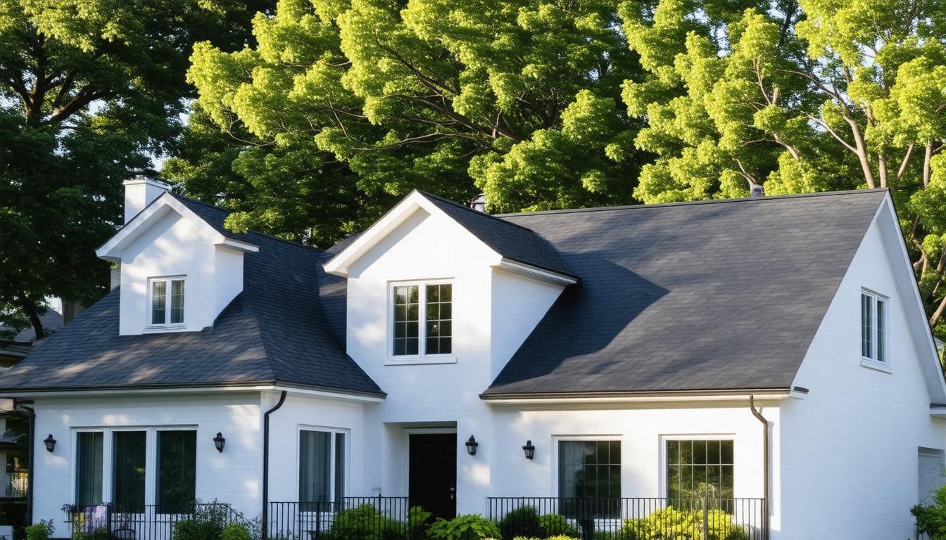 A white house featuring a black roof and white trim, set against a clear blue sky.