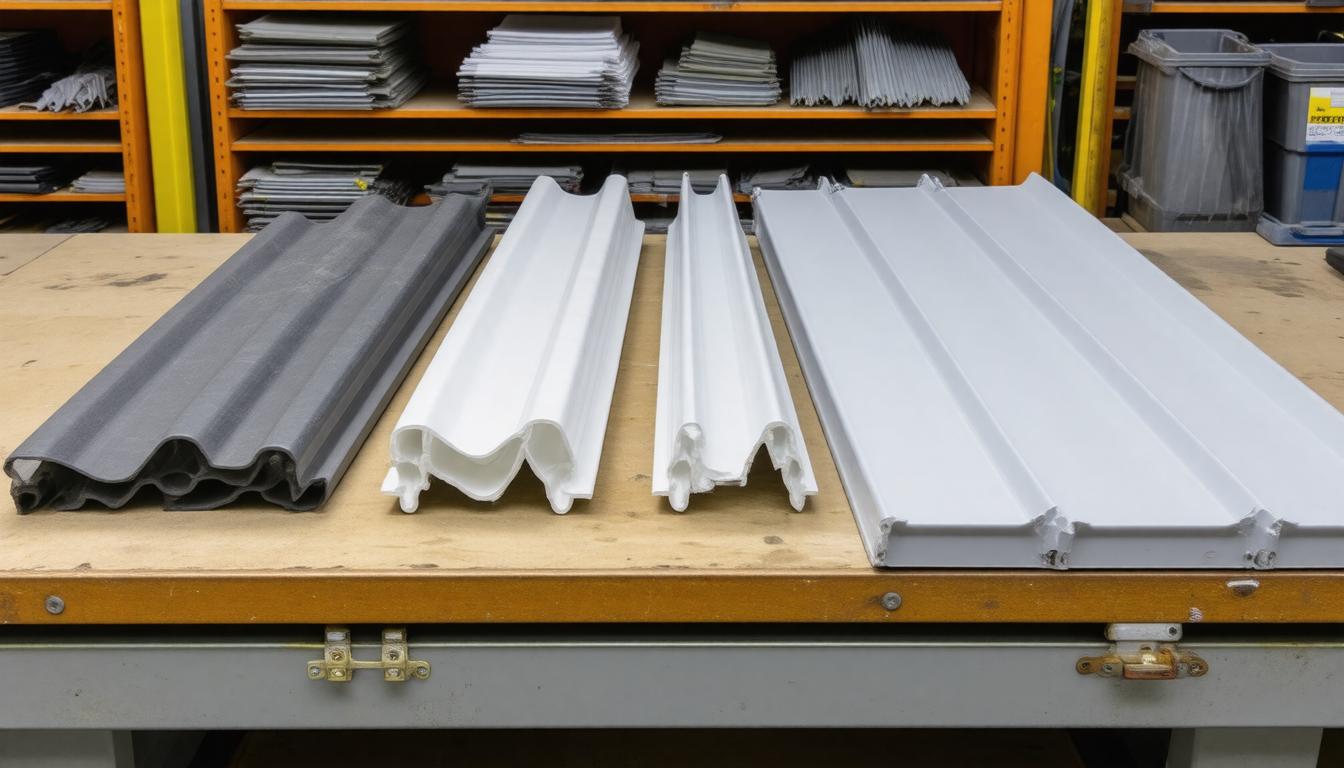 A table displaying various types of metal roofing materials, showcasing different colors, textures, and styles.