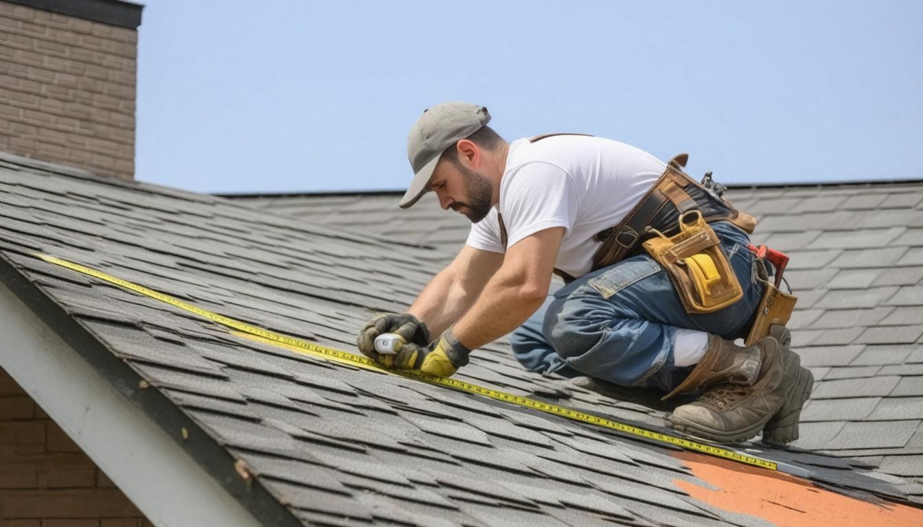 A man is repairing the roof of a house, using tools and wearing safety gear for protection.