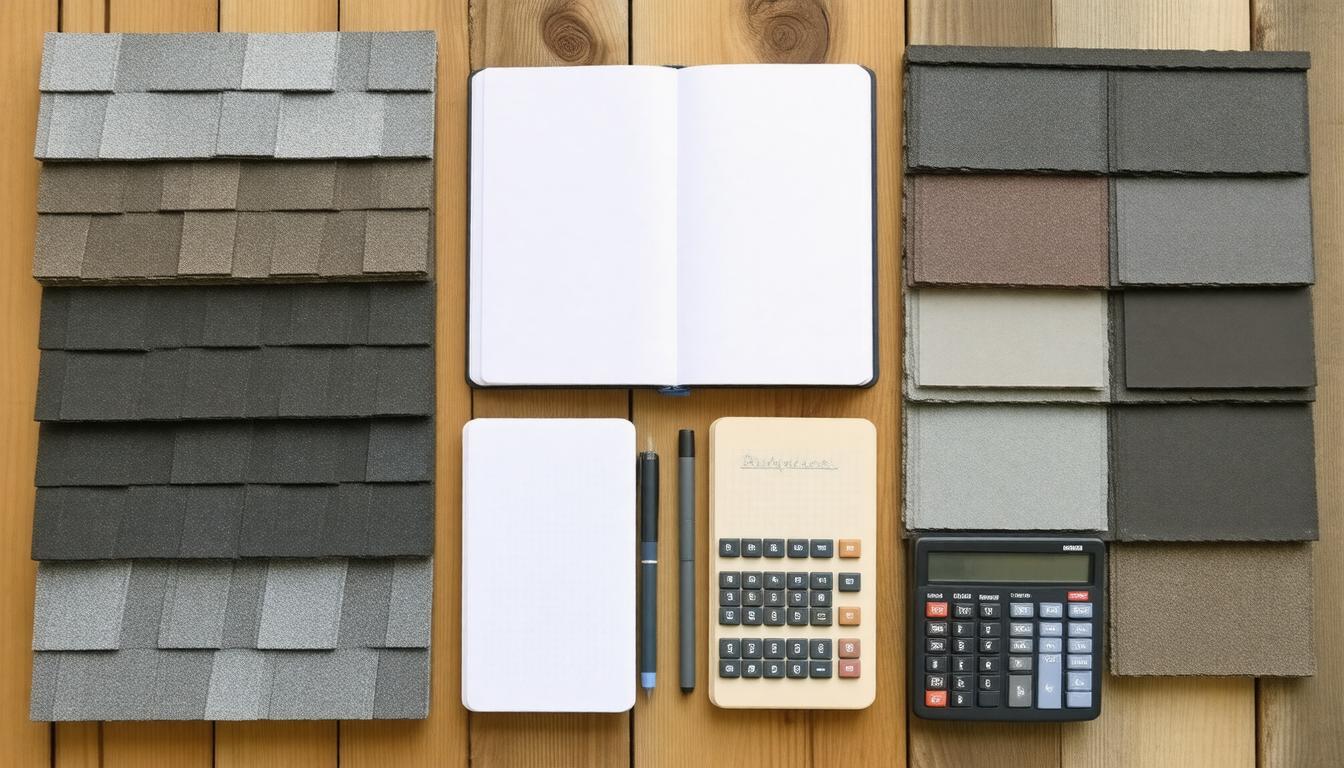 A table displaying various roofing materials, including shingles, tiles, and metal sheets, arranged for comparison.