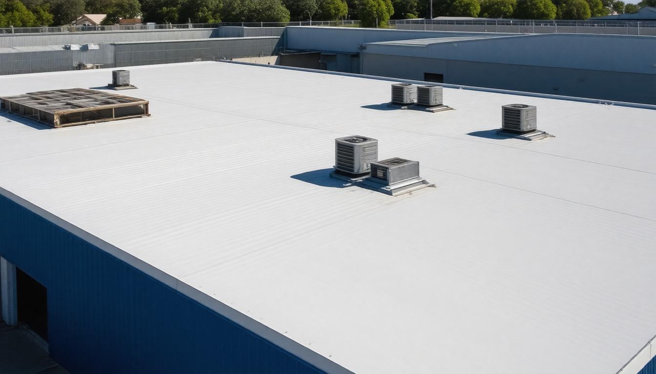 A flat white roof featuring multiple air conditioning units installed on its surface.