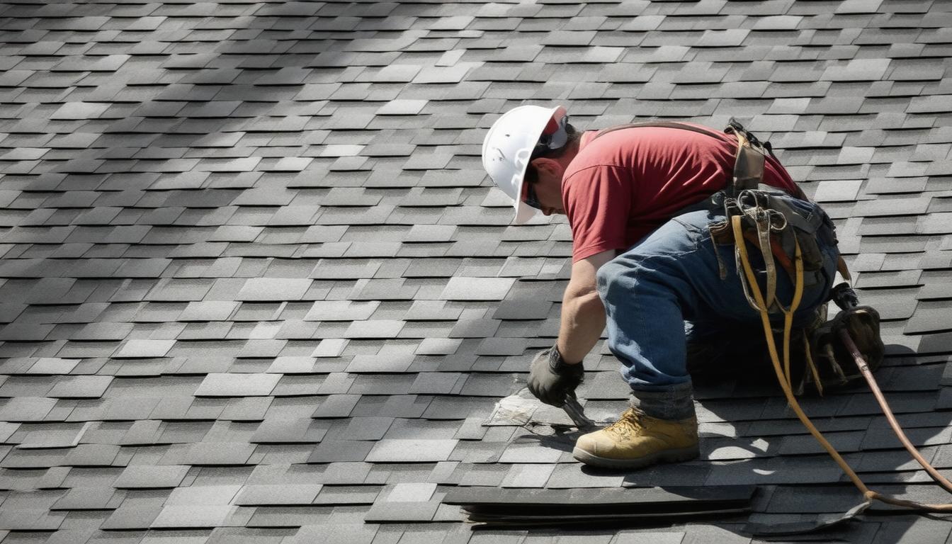 A man is climbing a ladder to work on a roof, wearing safety gear and focused on his task.