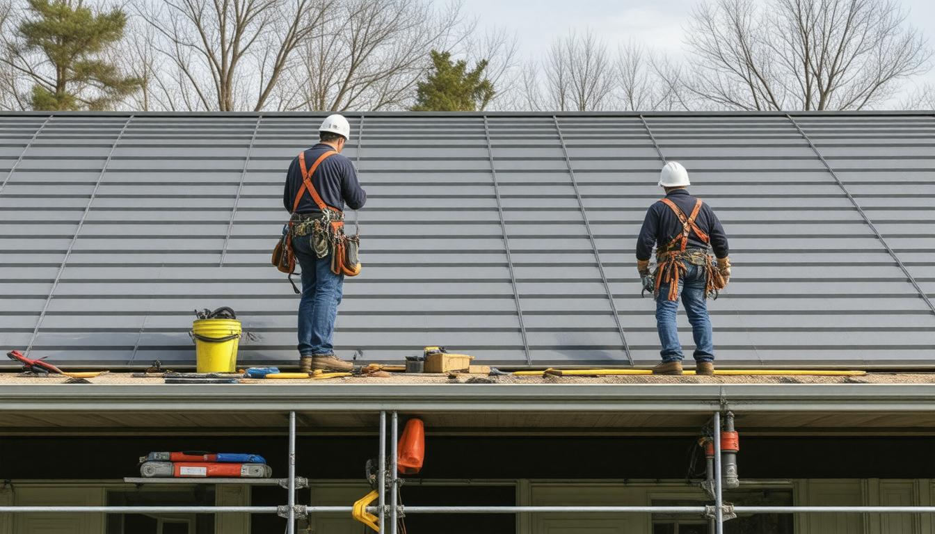 Two men standing on the roof of a house, engaged in conversation while overlooking the surrounding area.