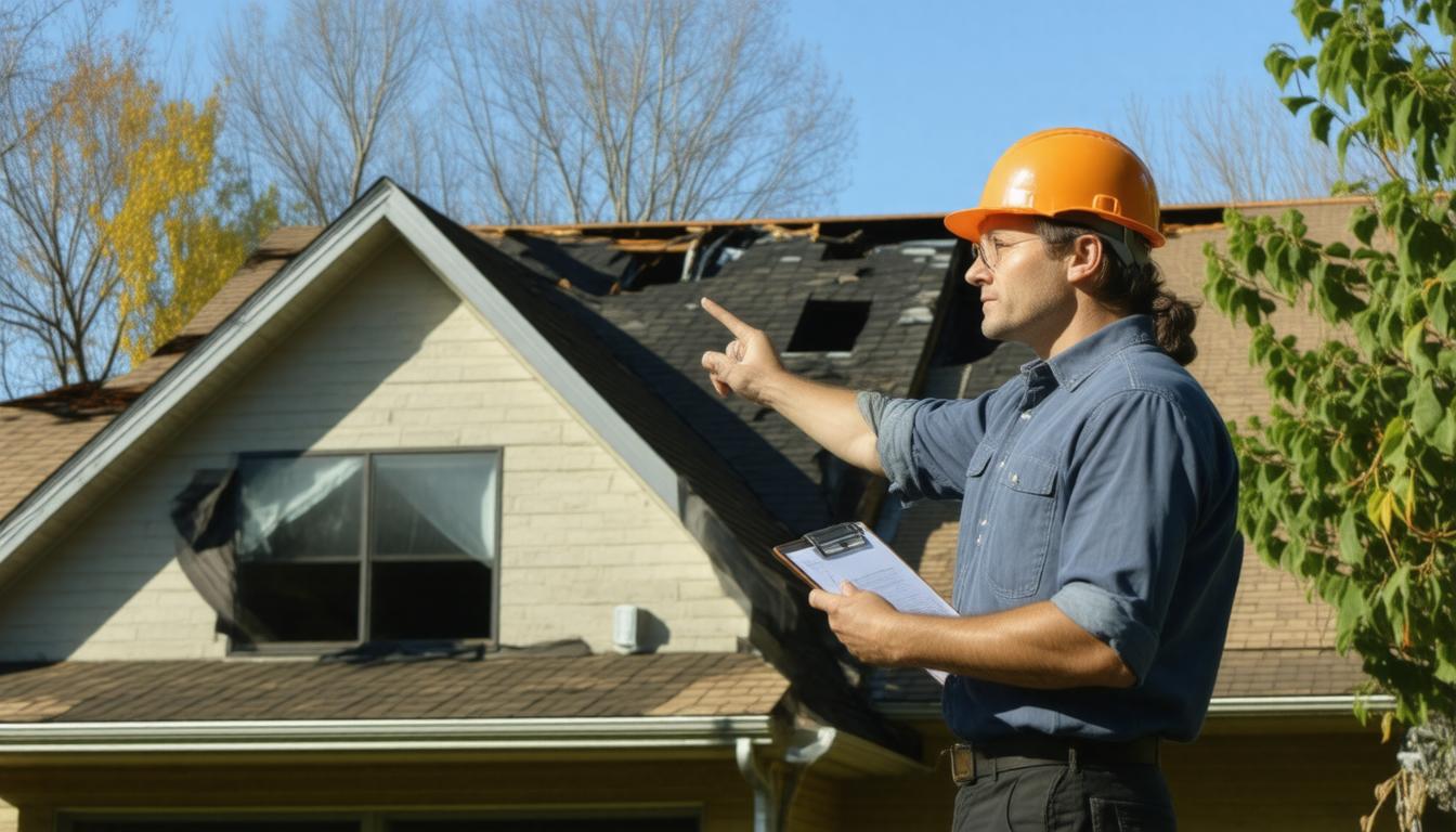 A man in a hard hat points to a damaged roof, indicating areas needing repair and assessment for safety.