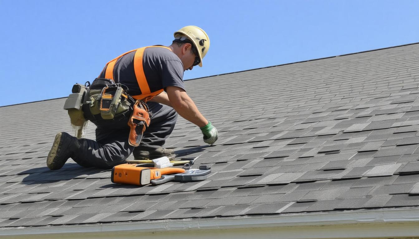 A man using a tool while working on a roof, focused on his task in a clear blue sky.