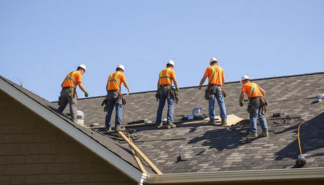 Five men wearing safety gear are collaborating on a roof, using tools and equipment to complete their construction work.