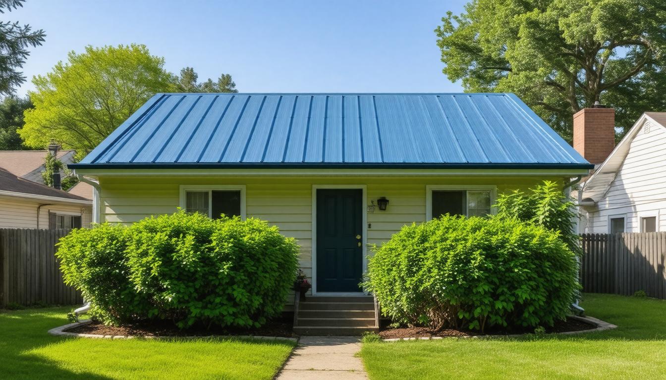 A small house featuring a blue metal roof, surrounded by greenery and a clear blue sky.