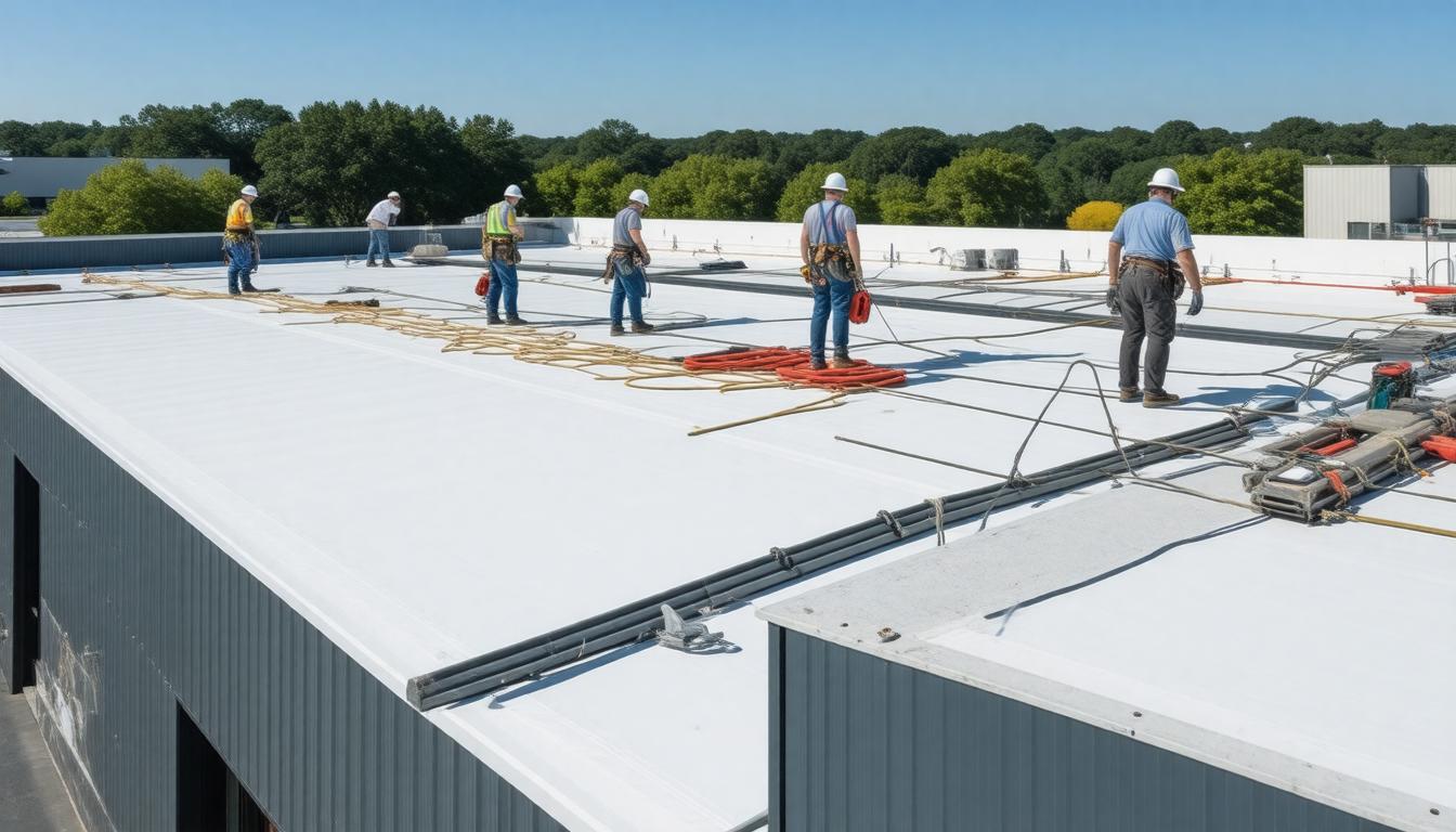 Workers wearing safety gear are on the roof of a building, engaged in construction or maintenance activities.