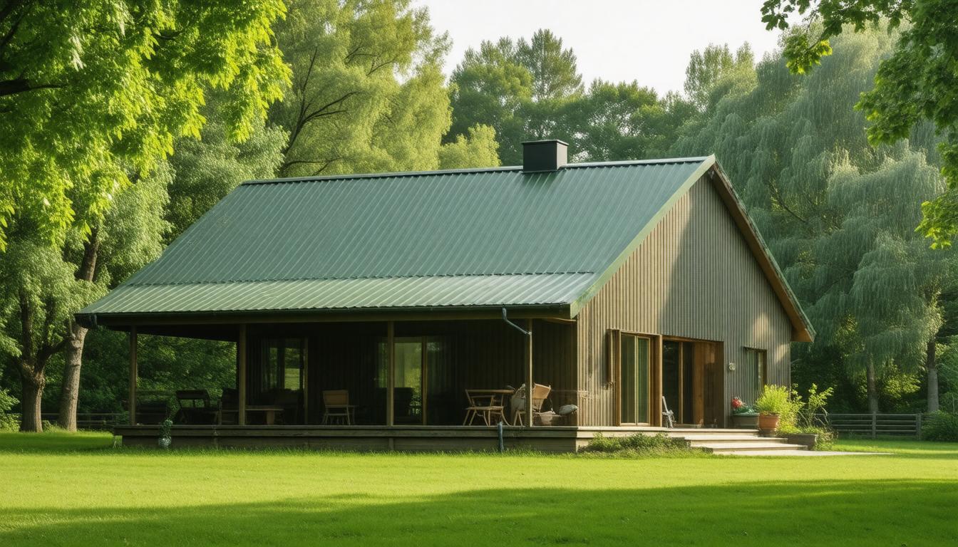 A small cabin with a green roof surrounded by a vibrant, lush green field under a clear blue sky.